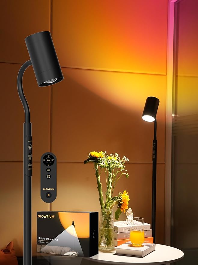 Dual-Side Floor Lamp for Living Room, 17W Tall Standing LED Lamp with Remote, 5 Color Temps & RGB Ambient Modes, Dimmable Reading Lamp with Gooseneck, Modern Black Corner Lamp for Bedroom Home Office