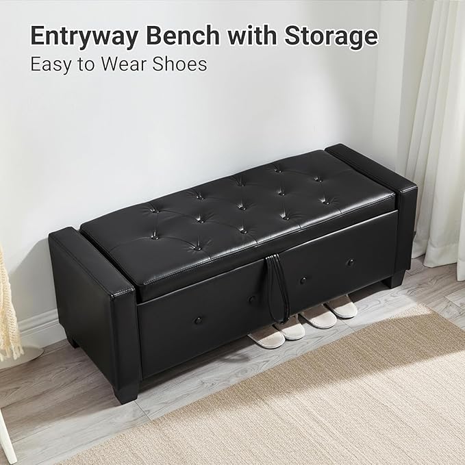 48" Faux Leather Ottoman with Storage, Tufted Storage Ottoman Bench with Safety Hinge, Rectangular Extra Long Bench for Bedroom, Living Room, Entryway and Window, Black