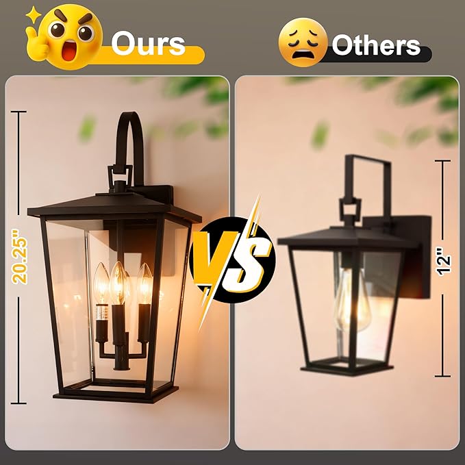 Kalium Modern Outdoor Wall Sconce Fixture 20 1/2", Matte Black, 3-Light Exterior Wall Mount Lighting with Clear Glass Panels for House Porch Patio Outside Deck Garage Yard Front Door Garden Home