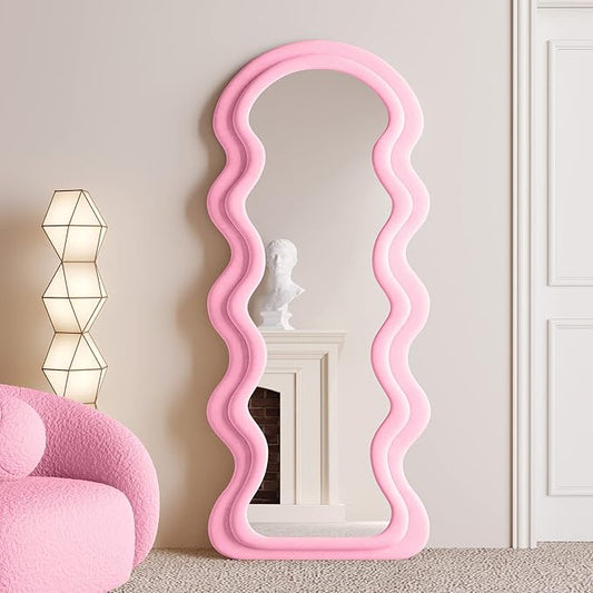 BOJOY Full Length Mirror 63"x24", Irregular Wavy Mirrors, Wave Arched Floor Mirror, Wall Mirror Standing Hanging or Leaning Against Wall for Bedroom, Flannel Wrapped Wooden Frame Mirror-Pink