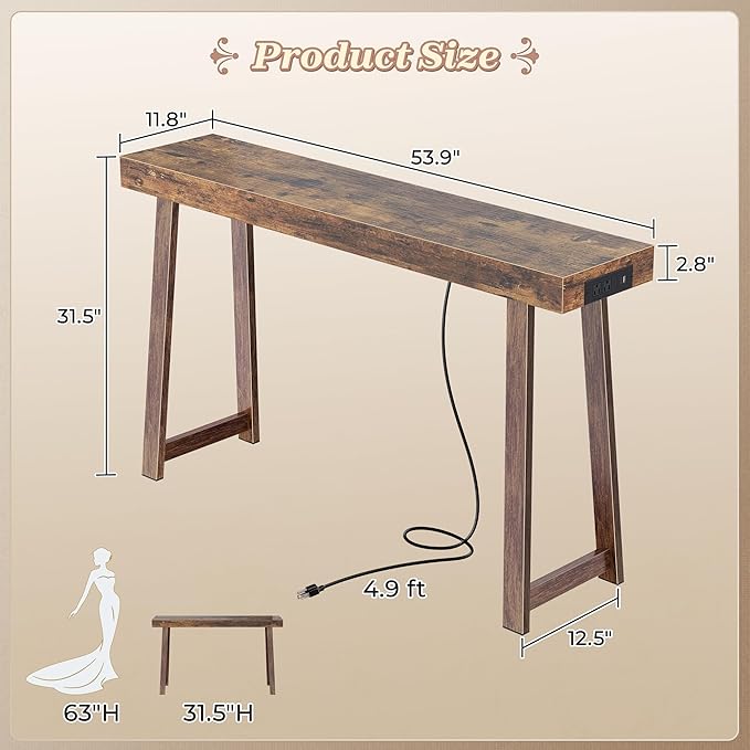 Huuger Entryway Console Table with Charging Station, USB-C Port, 53.9 Inch Sofa Table with Metal Legs, Entry Hallway Table with Thicker Desktop, Modern Behind Couch Table, Rustic Brown