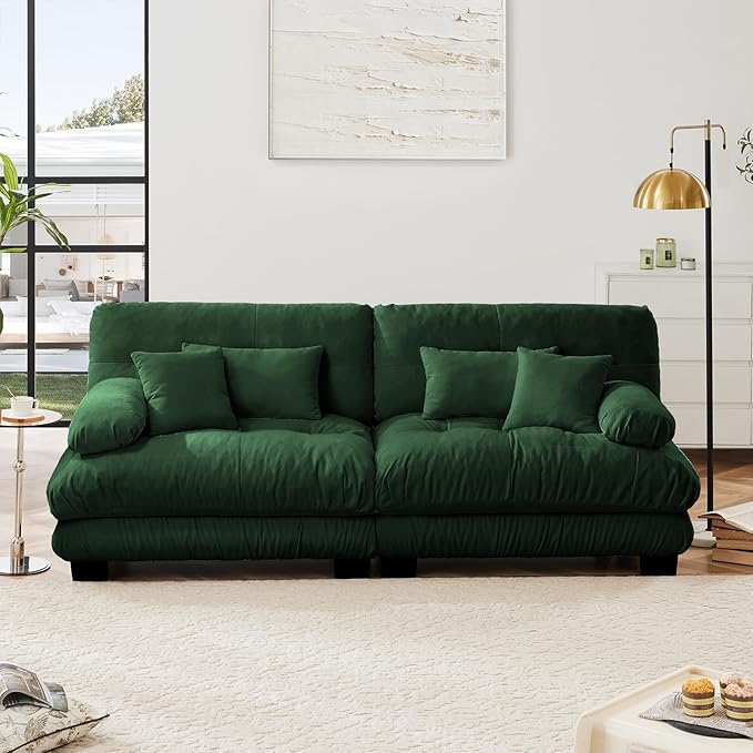 94.4” Oversized Loveseat Sofa, 2 Seater Modular Sectional Sofa, Green Large Sectional Couches for Living Room, Fluffy Chenille Fabric Cloud Couch with 4 Pillows, Deep Seat Sofas