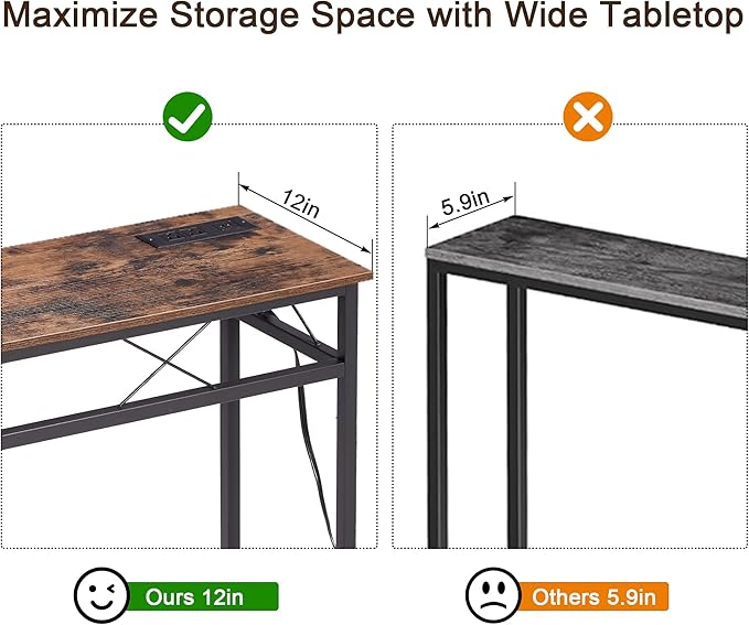 VECELO 39.4In Narrow Sofa/Console Table with Charging Station & Power Outlet and USB Ports, for Entryway, Living Room, Office, Industrial, Metal Frame, Brown