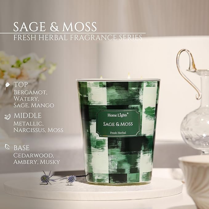 HomeLights 3-Wick Candles for Home Scented - 34oz Soy Wax Blend Candle Long-Lasting Fragrance, Scandinavian Minimalist Design Home Decor and Housewarming Gifts, Sage & Moss