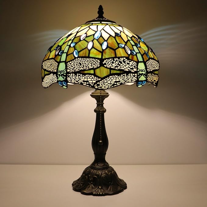 Tiffany Lamps White Brown Dragonfly Style Stained Glass Table Lamp Desk Bedside Reading Light 12X12X18.5 Inches with Bronze Resin Base Applicable to Bedroom Living Room Office