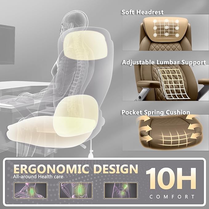 650LBS Big and Tall Office Chair with 5D Flip Arms and Thick Pocket Spring Cushion, Extra Wide Heavy Duty Office Chair with Adjustable Lumbar Support, Large High Back Computer Chair Dual Rubber Wheel