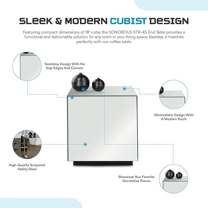 SONOROUS Premium Tempered Glass Side Table - Luxury Nightstand & Bedside Table for Bedroom or Living Room - High Gloss End Table in Mirror Finish - Sleek Cube Design with Fingerprint Resistant Glass