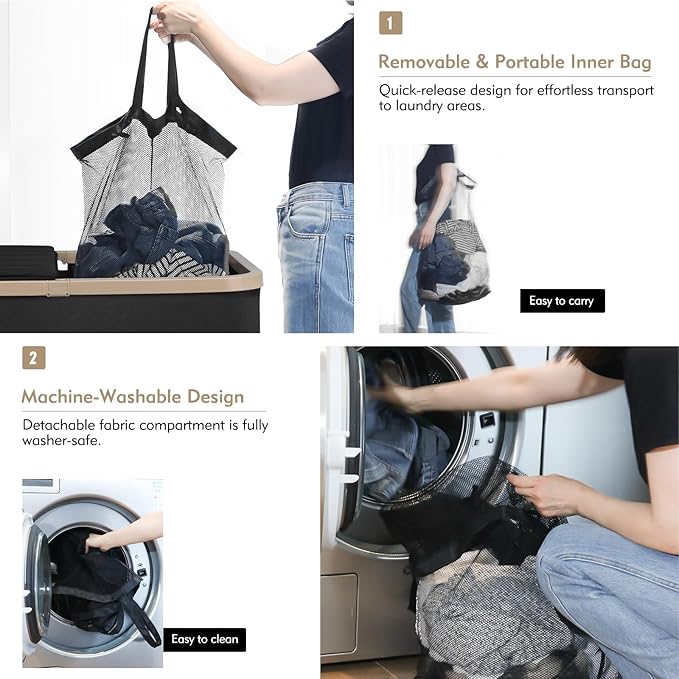 DOKEHOM 160L Double Laundry Basket with Removable Lid and Laundry Bags, Large Collapsible Laundry Hamper with 2 Sections (Black)