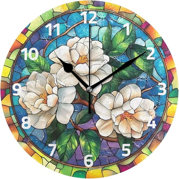Bolaz Wall Clocks Decorative Bedroom Silent Living Room Desktop Flowers Stained Glass Tabletop Shelf Clocks Round Battery Operated 10 Inch Non-Ticking