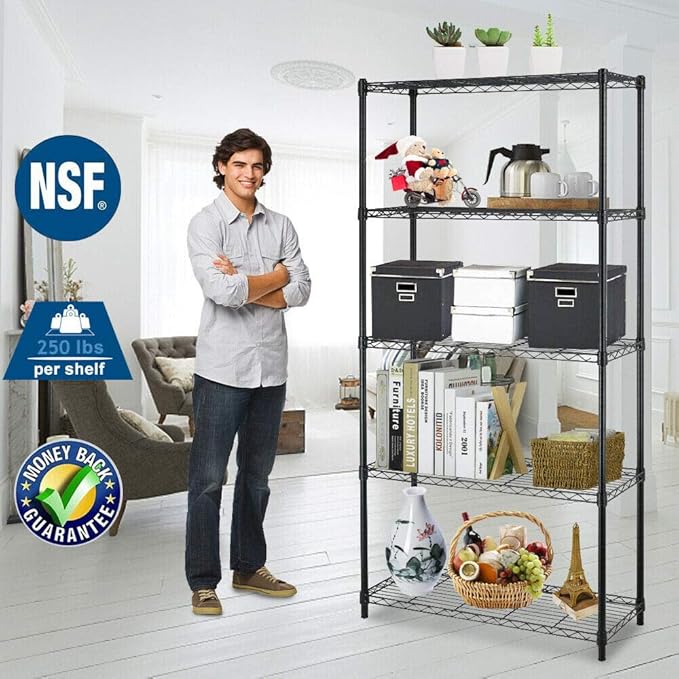BestOffice | 5-Tier Wire Storage Shelves | 36x14x72 | Black | with Adjustable Racks | Heavy-Duty Metal Shelf, Holds Upto 1000 lbs | No-Tool Assembly | Ideal for Home & Garage Shelving
