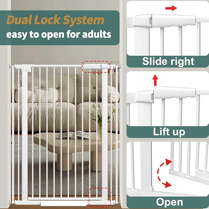 40.55" Tall 1.37" Ultra Narrow Spacing Dogs Pets Baby Gate for Doorway Hallway Safety Proof Indoor 30.11-34.05" Extra Wide Puppy Pressure Mounted No Drill Walk Through White Metal