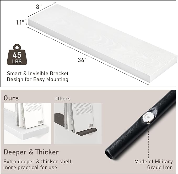 Fun Memories 36 Inch Floating Shelves, Wall Shelves Set of 2 for Bathroom/Living Room/Bedroom/Kitchen, White Floating Shelf for Wall Decor with Invisible Brackets