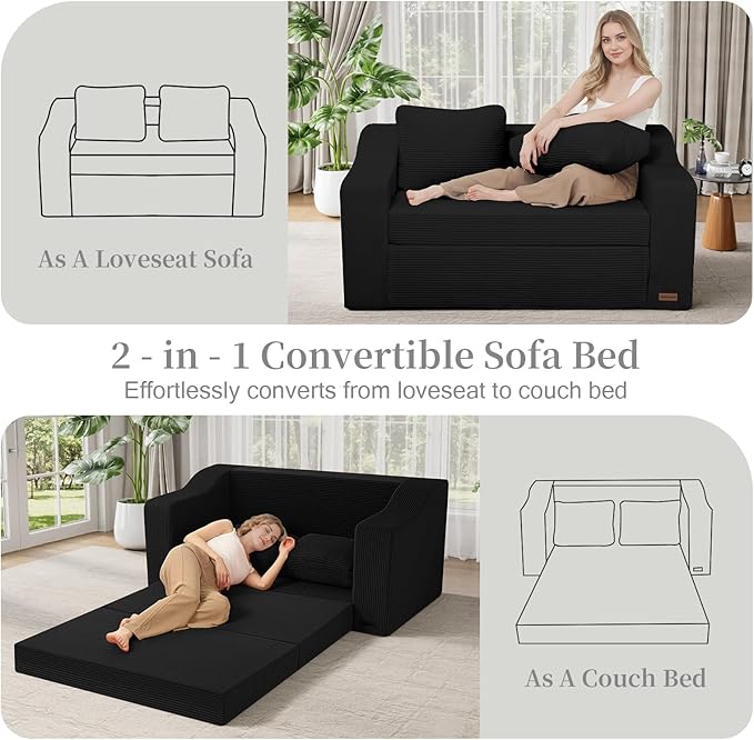 MeMoreCool Convertible Sofa Bed, Pull Out Loveseat Sofa Sleeper Couch for Bedroom Living Room Lounge, 2 in 1 Small Couch Bed with Pillow, Foldable Love Seat Futon Corduroy Black