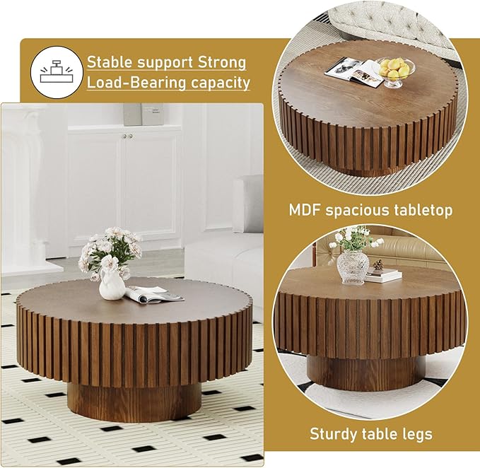 Round Drum Coffee Table 31.5" Wooden Coffee Tables Handcrafted Fluted Drum Coffee Table Modern Luxury Circle Center Table Vintage Farmhouse Center Table for Living Room (Round Dark Brown)