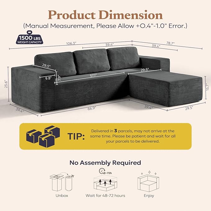 106" Cloud Sectional Couch, Left/Right Facing Convertible Sofa with Deep Seat, L-Shape Modular Upholstered Foam Couch for Living Room Bedroom, No Assembly Required (Corduroy Fabric, Grey)