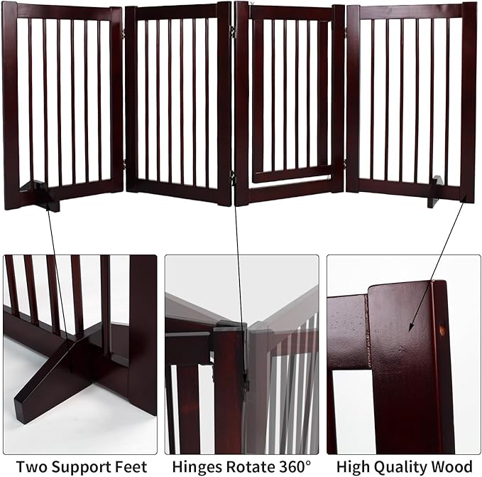 Wooden Free Standing Dog Gate with Door Walk Through, 30 inch 4 Panels Pet Gate for Dogs with 2 Support, Folding Dog Gate Indoor for Stairs, Doorways, Living Room (Brown, 4 Panel - 30")