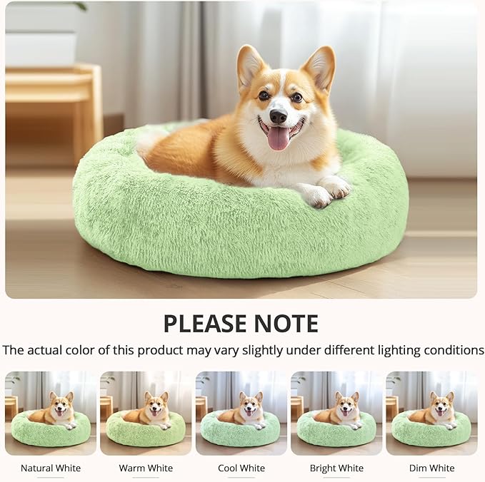 JOLLYVOGUE Calming Dog & Cat Bed for Small Dogs, Anti-Anxiety Donut Cuddler Cozy Soft Round Bed with Anti-Slip Bottom, Fluffy Faux Fur Plush Cushion Beds for Small Medium Pets (23")