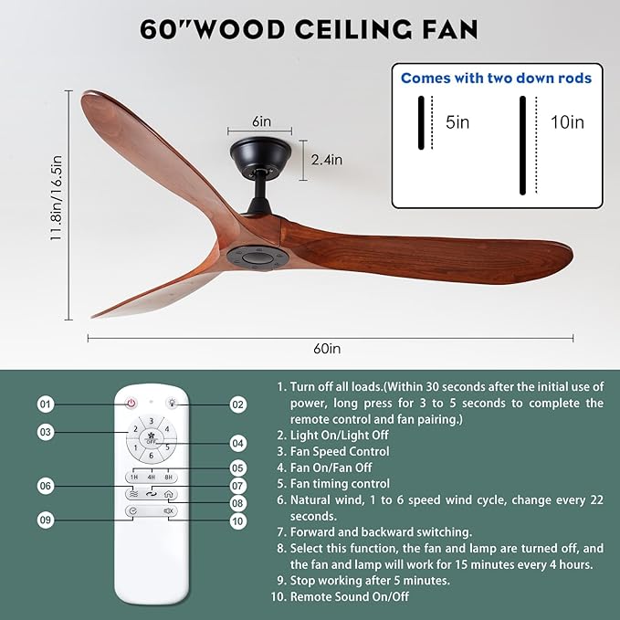 60 inch 3 blade Wood ceiling fan without light, Noiseless Reversible DC Motor Walnut Ceiling Fan Without Light for Farmhouse Patio Living Room Bedroom, Indoor Outdoor Ceiling Fan with Remote