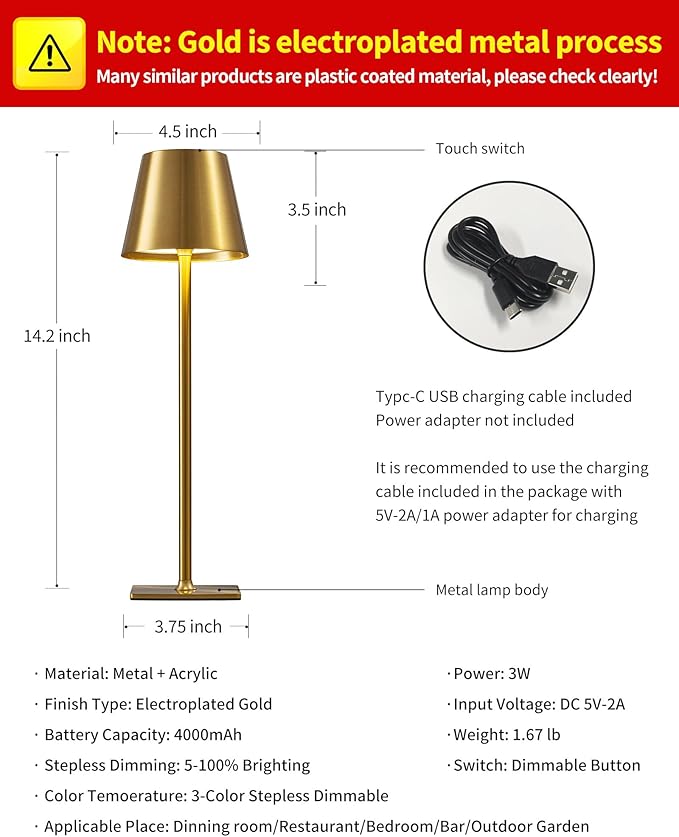 KDG 2 Pack Cordless Table Lamp,Portable LED Desk Lamp, 4000mAh Battery Operated, 3 Color Stepless Dimming Up, for Restaurant/Bedroom/Bars/Outdoor Party/Camping/Coffee Shop Night Light(Gold)