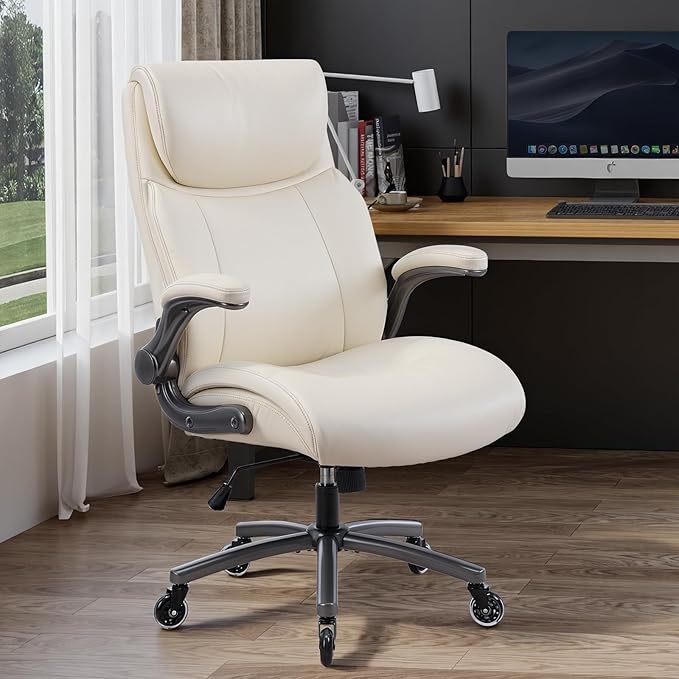 Ergonomic High-Back Executive Office Chairs, Heavy Duty Home Computer Chair with Lumbar Support, Flip-Up Arms, and PU Leather Upholstery, Beige