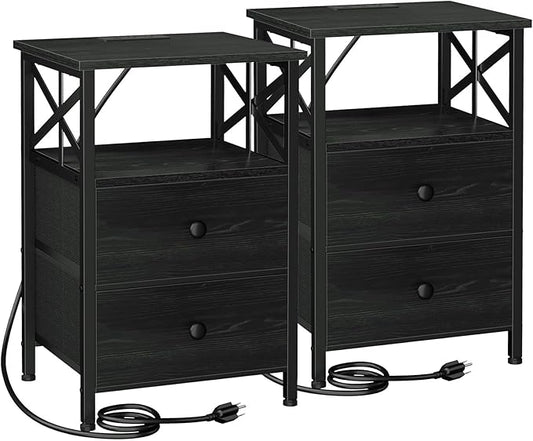 AMHANCIBLE Night Stand Set 2, Black Nightstand with Charging Station, End Tables Living Room with USB Ports and Outlets, Bedside Table with Fabric Drawers for Bedroom, HET05XBK