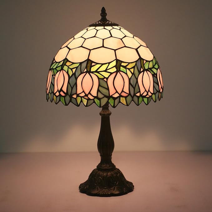 Tiffany Table Lamp,Pink Tulip Stained Glass Table Lamps for Bedroom Bedside 3 Color Temperatures Nightstand Lamp, for Living Room,Dining Room,W/LED Bulb, Mothers Gifts,12X12X19Inch