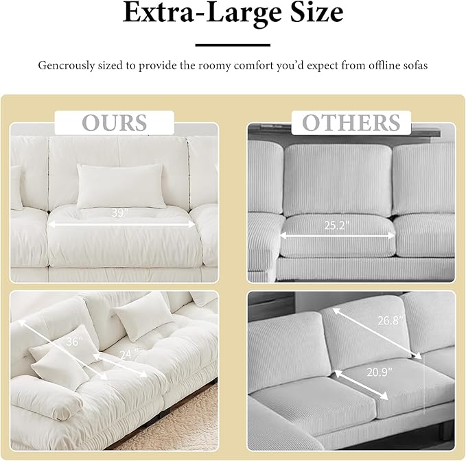 173.2" Oversized Couch, 4 Seater Modular Sectional Sofa, White Sectional Fluffy Couch Set, Chenille Cloud Couch with 6 Pillows, Deep Seat Sofas for Living Room