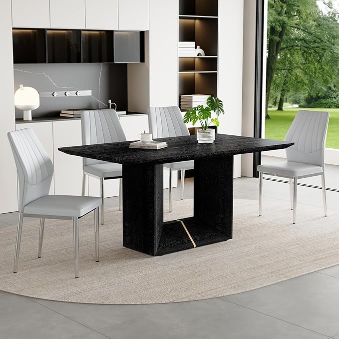 63" Modern Black Dining Table Set for 4 with Chairs, 5 Piece Rectangular Dining Room Table and 4 PU Leather Chairs, Kitchen Dining Set with Matte Wood Finish, Geometric Base, Easy Assembly