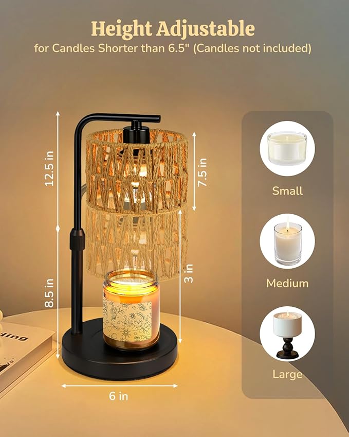 Candle Warmer Lamp, Timer Dimmable Candle Lamp, Adjustable Height and Brightness Candle Warmer, Boho Rattan Lampshade and 2 Bulbs, Suitable for Home Decor, Birthday Gifts for Women Mom (Black)