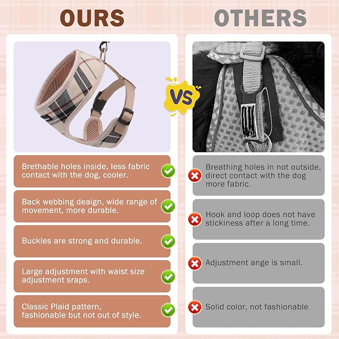 SCENEREAL No Pull Dog Harness Collar and Leash Set for Small Sized Dogs, Soft Mesh Step in Plaid Puppy Harnesses for Fall Winter, Pet Vest for Outdoor Walking Training and Running, Beige XS