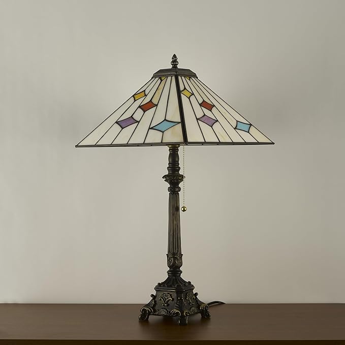 Tiffany Table Lamps White Stained Glass Stripes Checkered Style Mission Desk Lamp 12X12X24 Inch Bronze Resin Base