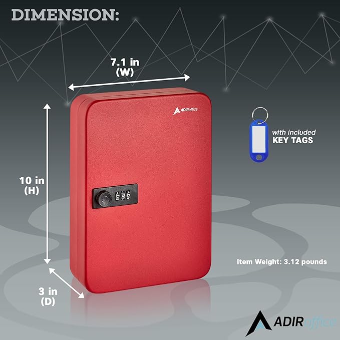 AdirOffice Key Lock Box – 48 Key Hooks Wall Mounted Key Cabinet Lock Box, Car Keys Holder Box, Lockable Key Storage Box - Metal Key Box Organizer with for Home and Office
