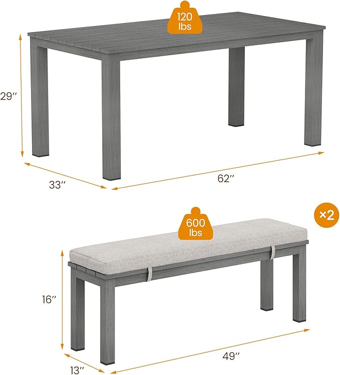 Aluminum Patio Dining Sets, 3 Pieces Patio Table Set, Outdoor Dining Table with 2 Bench, Outdoor Patio Dining Furniture Set with Removable Cushion for Lawn, Garden, Backyard, Grey