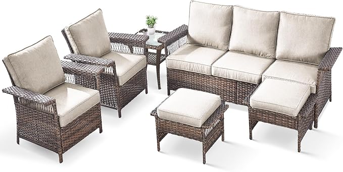 6 Pieces Wicker Patio Furniture Set - Hollow Widen Armrests 3 Seat Outdoor Sofa & Comfy Chairs with Side Table & Ottomans, Small Patio Convention Set for Deck and Backyard - Brown/Beige