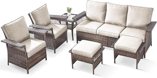 6 Pieces Wicker Patio Furniture Set - Hollow Widen Armrests 3 Seat Outdoor Sofa & Comfy Chairs with Side Table & Ottomans, Small Patio Convention Set for Deck and Backyard - Brown/Beige