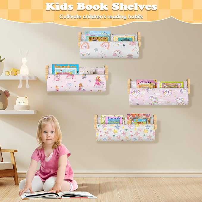 Floating Book Shelves for Wall Set of 4 Wood Nursery Bookshelves for Kids Room 16.9 Inch Kids Bookshelf for Books Toys and Decor,Wall Mounted Storage for Baby Boys Girls Bedroom Living Room