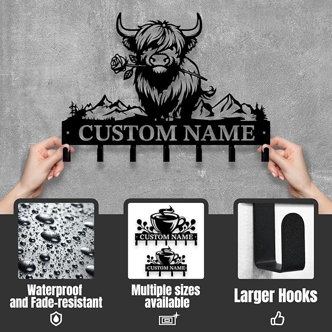 Personalized Highland Cow Metal Keys Hooks,Custom Name Metal Highland Cow Keys Hooks,Black Metal Highland Cow Wall Home Storage Decorative Keys Hooks,Key Holder Hooks for Wall (Style D)