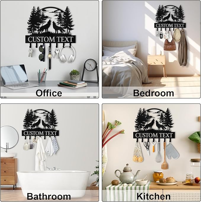 Personalized Metal Key Holder Wall Mount, Forest Key Hooks for Wall, Coat Hooks, Mountain Wall Decor, Key Organizer Rack for Entryway Office Kitchen Front Door, Housewarming Gifts