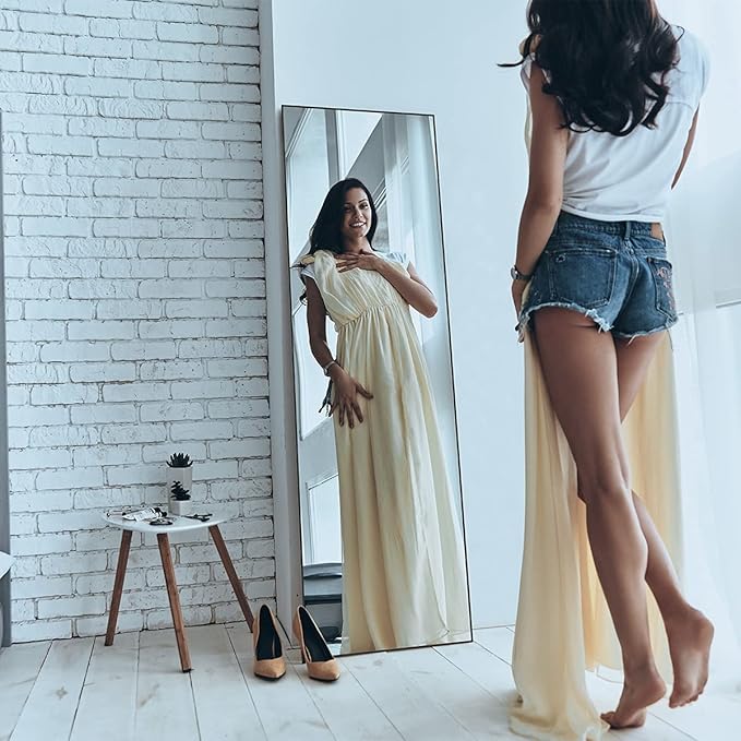 ANYHI Over The Door Mirror, 60"x18" Black Full Length Mirror with 2 Hooks, Door Hanging or Wall Mounted, Aluminum Frame, for Bedroom Bathroom