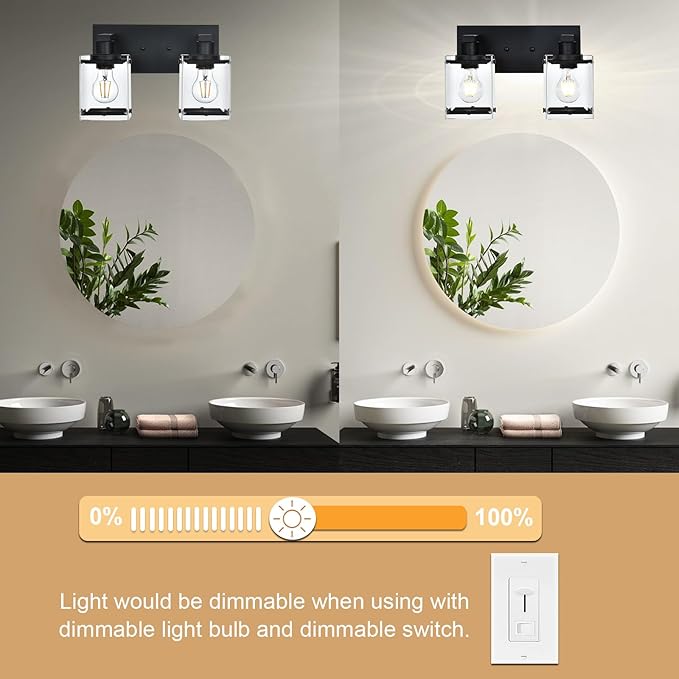 Black 2-Light Wall Sconce Bathroom Light Fixture, Rectangular Clear Glass Vanity Lighting Over Mirror, E26 Bulb Base