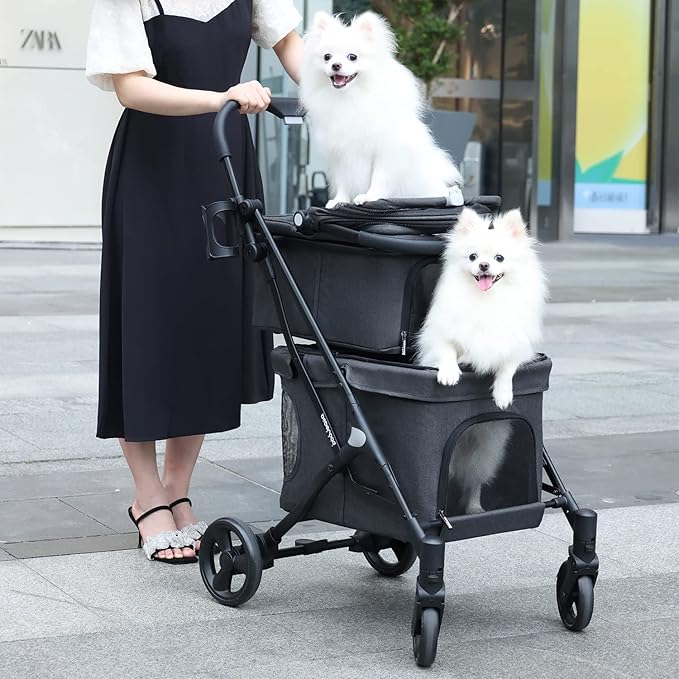 T1 Double Pet Stroller for 2 Small Dogs or Cats Lightweight Foldable Double Cat Stroller with Detachable Carrier (Black)