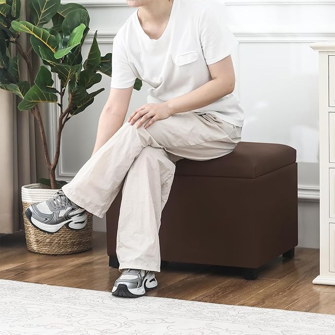 Joveco 24" Leather Storage Ottoman Bench, Rectangle Foot Rest Stool for Living Room, Bedroom, Entryway, Brown