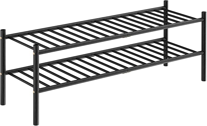 2-Tier Bamboo Long Shoe Rack, Free Standing Wood Shoe Shelf Storage Organizer for Closet Entryway Stackable 35"x11"x13" (Black)