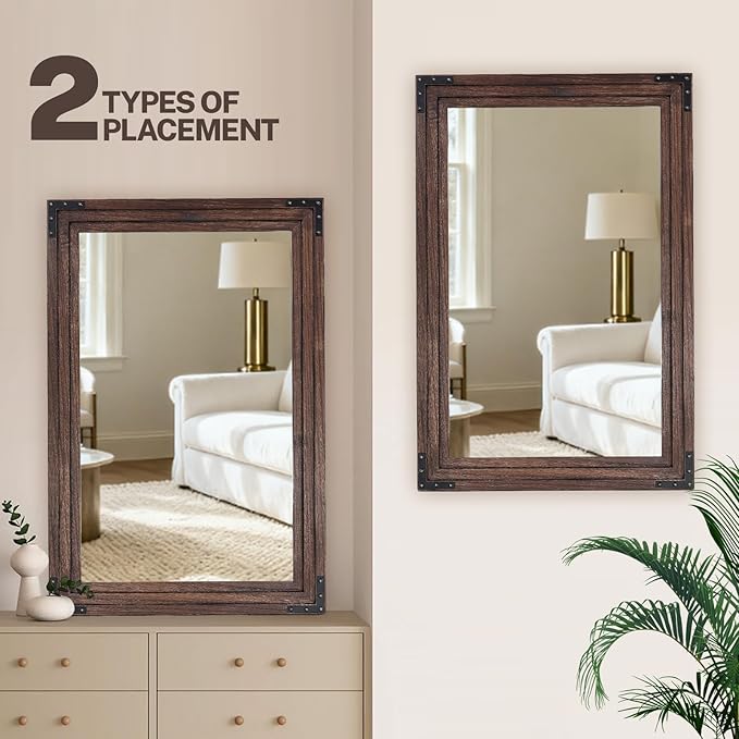 Full Length Mirror 36"x24" Solid Wood Frame Floor Standing Mirror, Hanging or Leaning Wall-Mounted for Living Room, Bedroom, Brown
