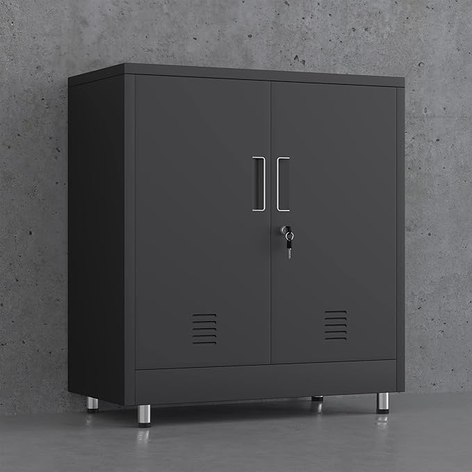 Metal Storage Cabinet with Locking Doors and Adjustable Shelf, Small Lockable Sideboard Buffet Cabinet for Home Office Hallway Entryway Living Dining Room (Black)