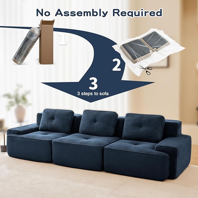 115" Modern Compressed Boneless Couch, 3 Seater Sectional Couches for Living Room, Blue Corduroy Cloud Modular Sectional Sofa, Comfy Memory Foam, Extra Deep, Sofas para Sala, No Assembly
