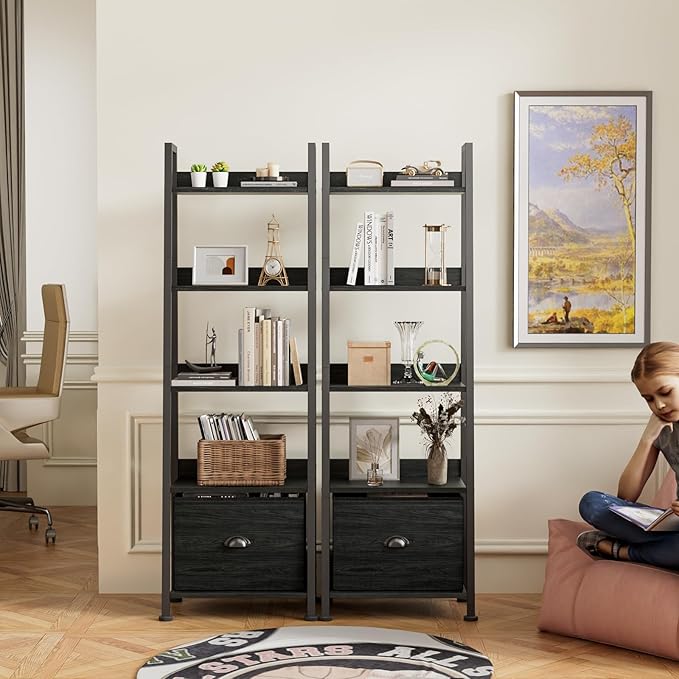 Furologee Ladder Shelf, Book Shelf with Drawer, 5 Tier Bookshelf, Industrial Display Open Bookcase Storage Shelves for Books, CDs, Photos, Black Shelving Unit for Home Office, Living Room