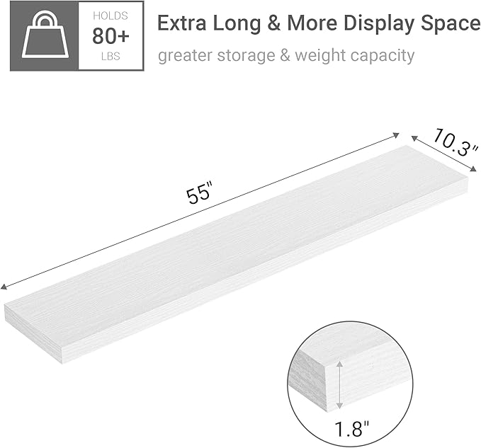 Vivelove 55" Long Floating Shelves for Wall, 10.3" Deeper & Thicker Storage Shelf for Living Room, Kitchen, Farmhouse,Wall Shelves with Invisible Brackets,Set of 1, White