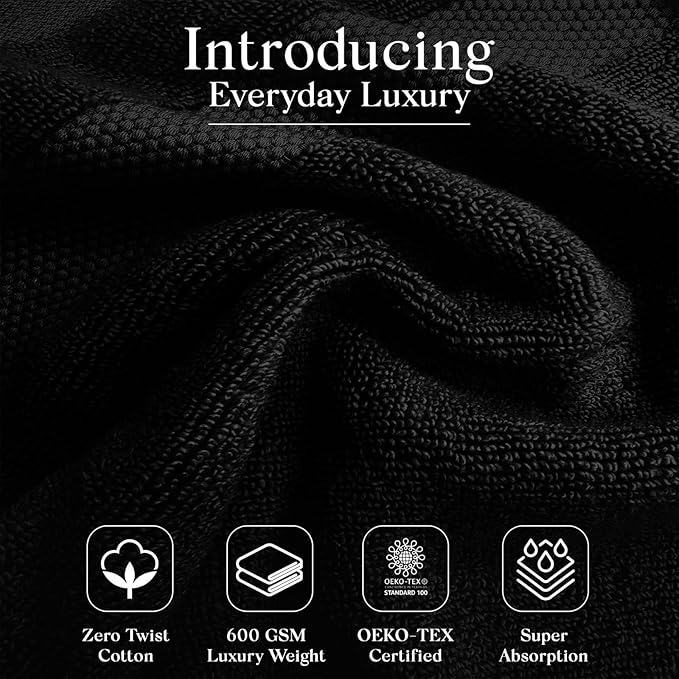 Premium Staple Cotton Bathroom Towel Set - Black 600 GSM 6-Piece Luxury Bath Towel Set 3 Stripe - 2 Bath Towels, 2 Hand Towels & 2 Washclothes Set - High Absorbent & Quick Dry for Gym, Spa, Hotel