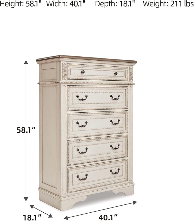 Signature Design by Ashley Realyn French Country 5 Drawer Chest, Tipover Restraint Device, 2-tone Finish, Wood, 40.13" W x 18.13" D x 58.13" H, Chipped White